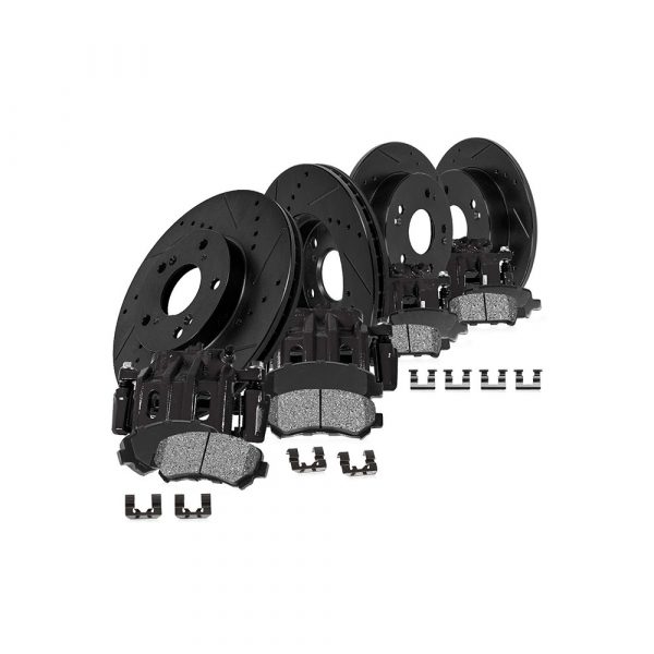 CCK01783 FRONT + REAR Powder Coated Black [4] Calipers + [4] Black DS Rotors + Low Dust [8] Ceramic Pads