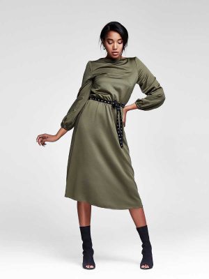 High neck shoulder pad twist front midi dress in forest green